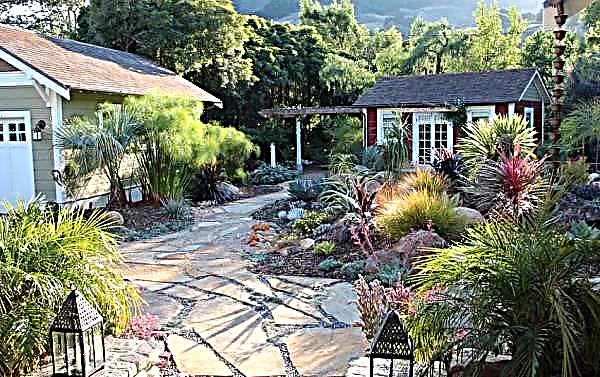 Paisaje de estilo mediterráneo: una foto del jardín y sus características, elementos arquitectónicos de estilo en el diseño de una casa de verano con piscina.